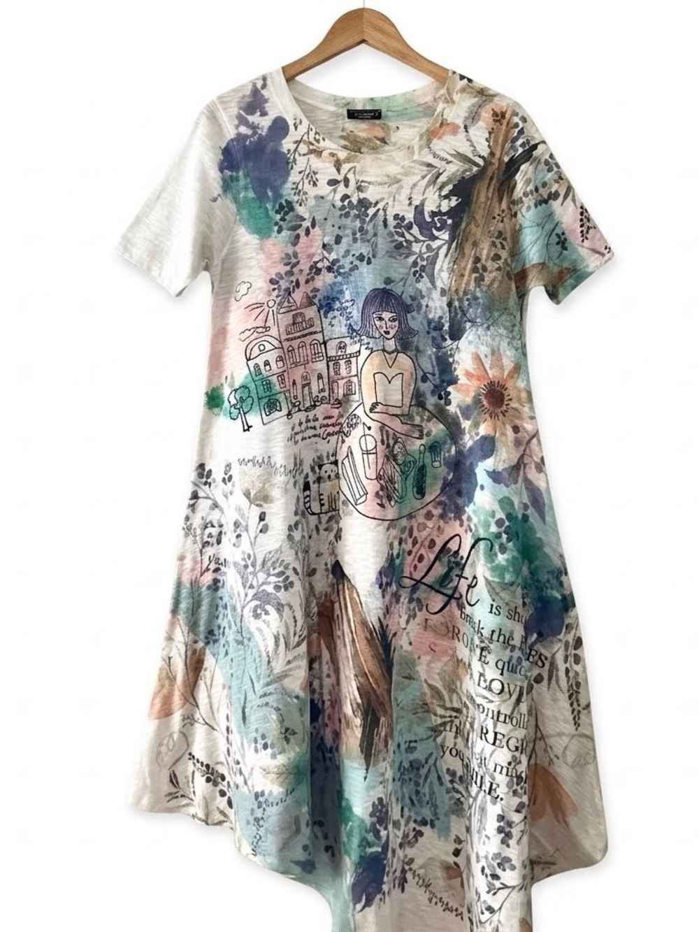 Inoah Art To Wear Whimsical Asymmetrical Maxi T-Shirt Dress Boho Funky Artsy M